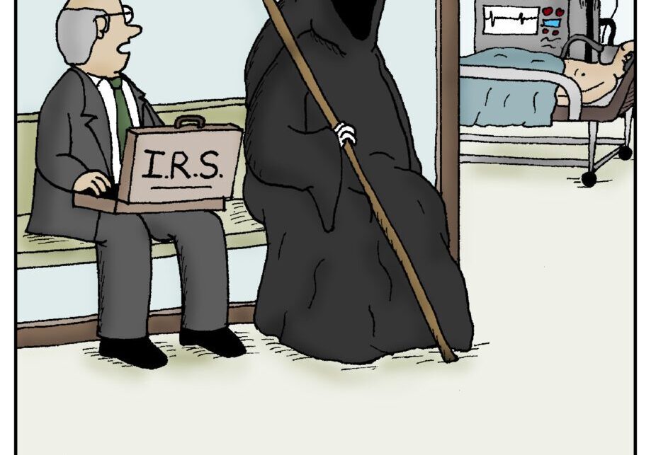 Grim Reaper and IRS agent in waiting room